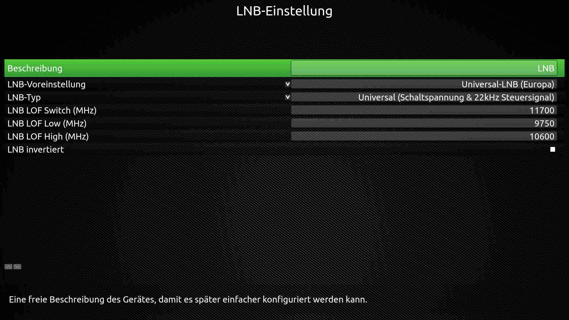 Hier die LNB-Einstellung.